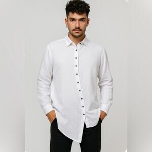 Gene Par Yukio Mishiba Asymmetric Button Down White Linen Shirt, Designer, L